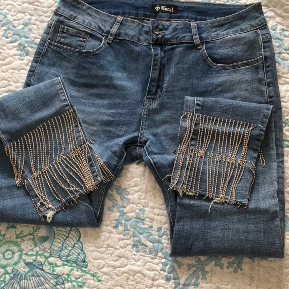 Vocal Denim Jeans with Metallic Fringe